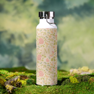 Bouteille D'eau Monogramme Personnalisé Floral Vintage Sauge & Ros