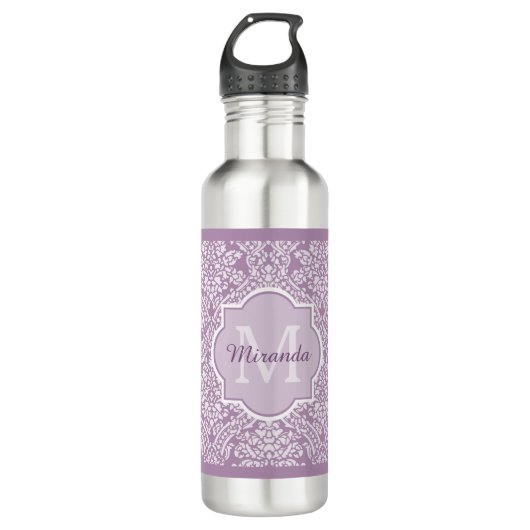 Bouteille D'eau Monogramme pourpre de damassé de lavande chic avec (Devant)