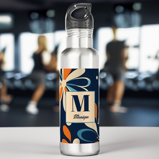 Bouteille D'eau Monogramme rétro cadeau de marguerite turquoise du