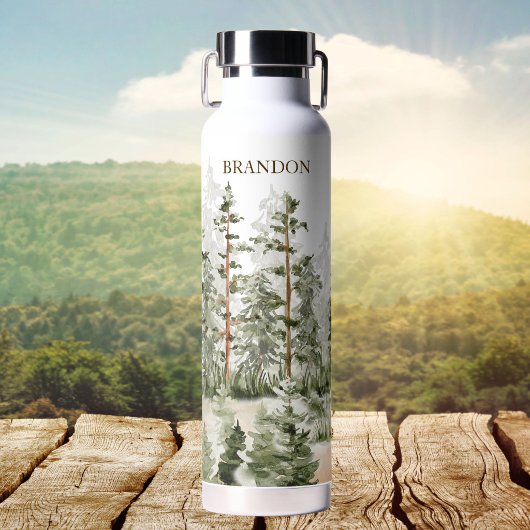 Bouteille D'eau Monogramme Rustique Aquarelle Forêt Verte