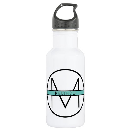 Bouteille D'eau Monogramme | Simple Elegant Noir & Bleu Nom person (Devant)