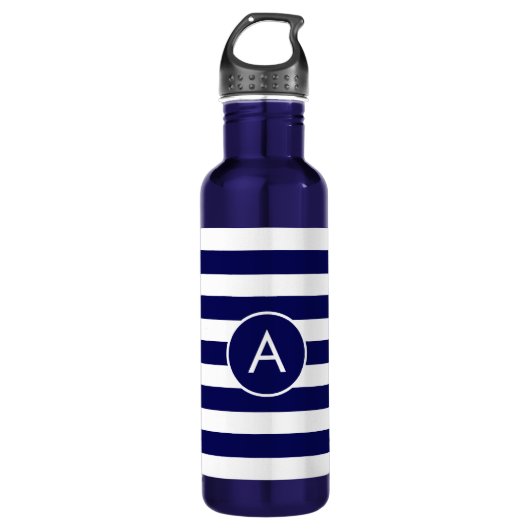 Bouteille D'eau Monogramme sur Navy Bleu & Blanc rayé (Devant)