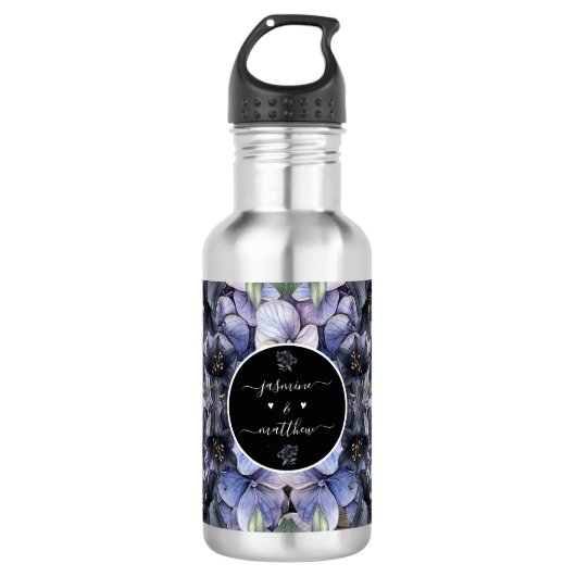 Bouteille D'eau Moody Black Floral Classic Couple Names Wedding (Devant)