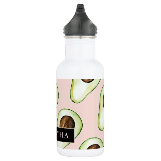 Bouteille D'eau Motif Avocado Rose Et Vert Moderne Avec Nom (Droite)