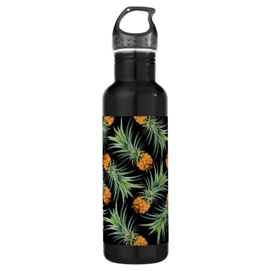 Bouteille D'eau Motif d'ananas tropical sur noir (Devant)