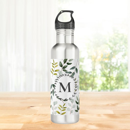 Bouteille D'eau Motif d'aquarelle Feuille vert monogramme