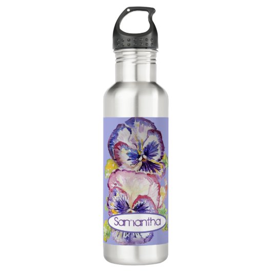 Bouteille D'eau Motif d'aquarelle Pansy sur Lavande Rose violet (Devant)