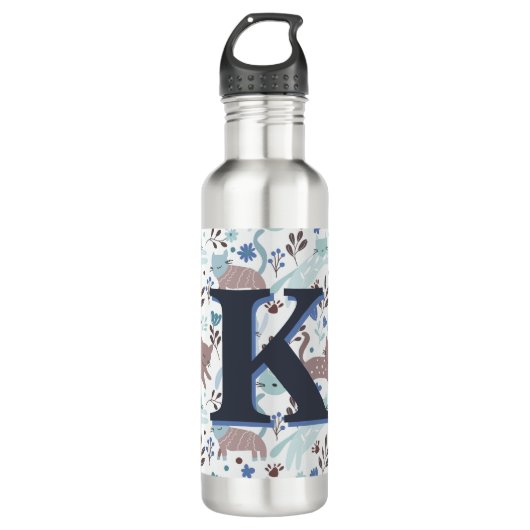 Bouteille D'eau Motif de chat Whimsical, Monogramme gris bleu (Devant)