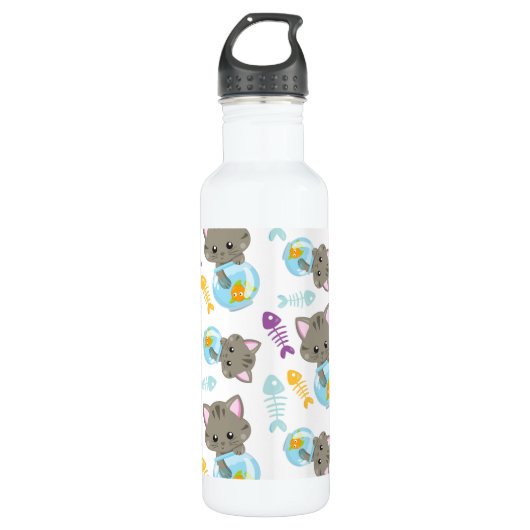 Bouteille D'eau Motif De Chats, Chats Mignons, Chatons, Poisson (Devant)