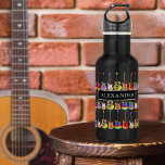 Bouteille D'eau motif de guitare coloré sur Black add Name<br><div class="desc">Guitares électriques funky, guitares acoustiques et guitares semi-acoustiques motif sur noir monogramme personnalisé bouteille d'eau en pop art éclatant couleurs vives. Un cadeau d'idée pour les professeurs de musique, les guitaristes, les musiciens et les étudiants en musique. Facile à customiser à l'aide du monogramme initial et du modèle de nom....</div>