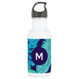 Bouteille D'eau Motif de monogramme de feuilles vert bleu tropical