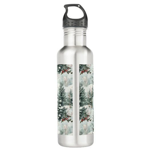 Bouteille D'eau Motif de Noël avec forêt de neige et pins (Dos)