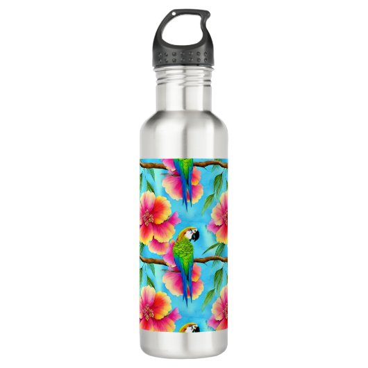 Bouteille D'eau Motif de perroquet et de fleurs tropicales (Devant)