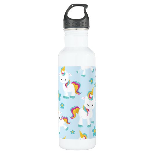 Bouteille D'eau Motif D'Unicornes, De Mignons Unicornes, Fleurs (Devant)