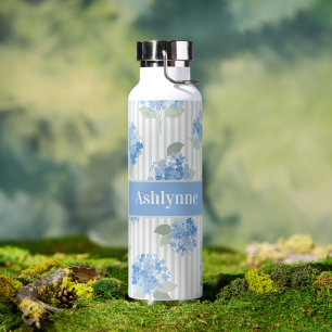 Bouteille D'eau Motif élégant d'hortensia bleu avec rayure grise n