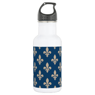 Bouteille D'eau Motif Fleur de Lis, Royal Français, Crème sur Bleu