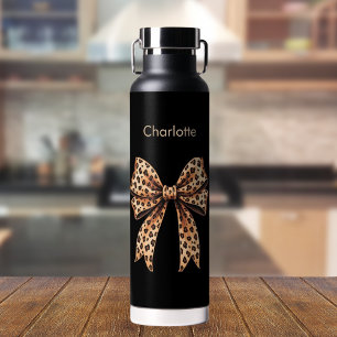 Bouteille D'eau Nœud papillon léopard noir nom personnalisé