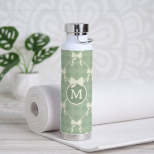 Bouteille D'eau Nœuds Coquette Gingham Monogramme Crème Vert Sauge