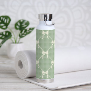 Bouteille D'eau Nœuds Coquette Motif Gingham Crème Vert Sauge