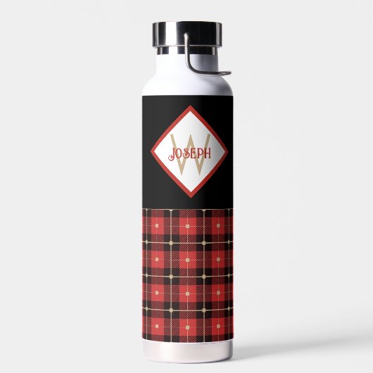 Bouteille D'eau Noir Rouge et Tan Lumberjack Plaid Monogramme (Gauche)