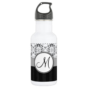Bouteille D'eau Noir sur blanc Damas et rayures avec Monogramme