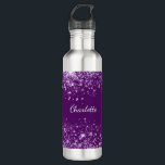 Bouteille D'eau Nom de monogramme de parties scintillant violette<br><div class="desc">Un arrière - plan violet profond avec une élégante parties scintillant violette chute. Texte de couleur blanche. Personnalisez et ajoutez votre nom. Le nom est écrit avec un script de style à la main blanc.</div>