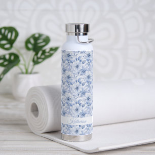 Bouteille D'eau Nom de motif floral aquarelle bleu moderne