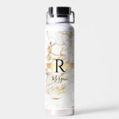Bouteille D'eau Nom de script & Monogramme noir, Marbre blanc et o (Arrière)