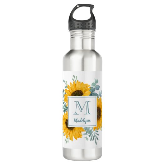 Bouteille D'eau Nom du monogramme de tournesol personnalisé (Devant)