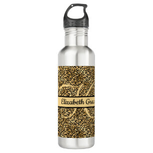 Bouteille D'eau Nom du monogramme Empreinte de léopard d'or noir C