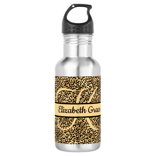 Bouteille D'eau Nom du monogramme Empreinte de léopard d'or noir C (Devant)