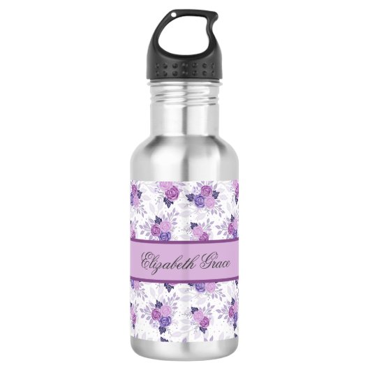 Bouteille D'eau Nom du monogramme Filles florales violettes roses (Devant)
