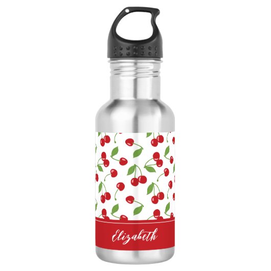 Bouteille D'eau Nom du monogramme Motif de cerisier rouge mou (Devant)