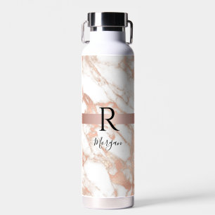 Bouteille D'eau Nom et noir Monogramme, blanc et Rose or Marbre Vs