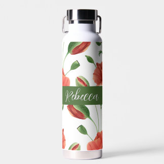 Bouteille D'eau Nom monogramme aquarelle de coquelicot rouge sauva