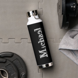 Bouteille D'eau Nom monogramme moderne minimaliste noir blanc