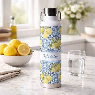 Bouteille D'eau Nom personnalisé Carreau bleu méditerranéen Lemon