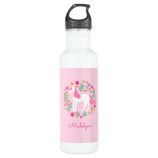 Bouteille D'eau Nom personnalisé Fleurs Unicorne Rose Cute (Devant)