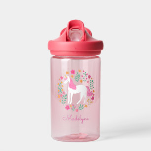 Bouteille D'eau Nom personnalisé Fleurs Unicorne Rose Cute