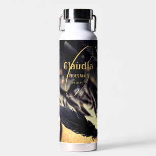 Bouteille D'eau Nom personnalisé Mariage moderne Noir Plumes dorée