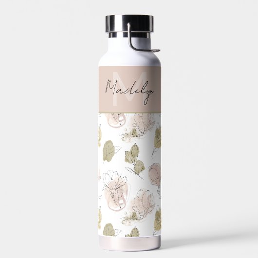 Bouteille D'eau Nom personnalisé moderne Monogram Floral (Gauche)