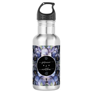 Bouteille D'eau Noms de Couple de Mariage Floral Noir Classique Hu