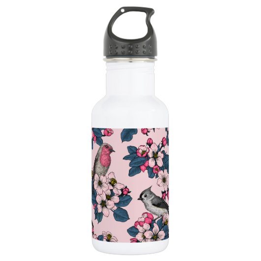 Bouteille D'eau Oiseaux et fleurs roses (Devant)