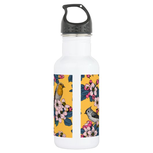 Bouteille D'eau Oiseaux et fleurs sur le jaune (Dos)