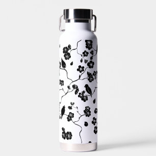 Bouteille D'eau Oiseaux Motifs noirs et blancs sur les fleurs de c