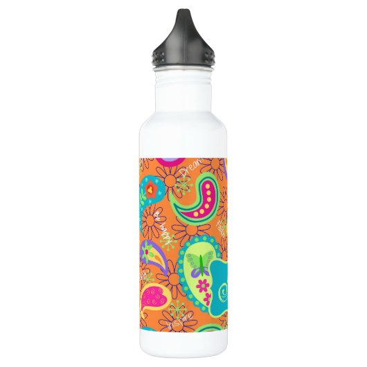 Bouteille D'eau Orange Turquoise Moderne Paisley Motif Monogramme (Gauche)