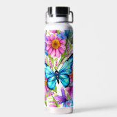 Bouteille D'eau Papillon bleu dans un champ de fleurs (Arrière)