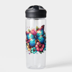 Bouteille D'eau Papillon bleu et fleurs roses Personnalisé