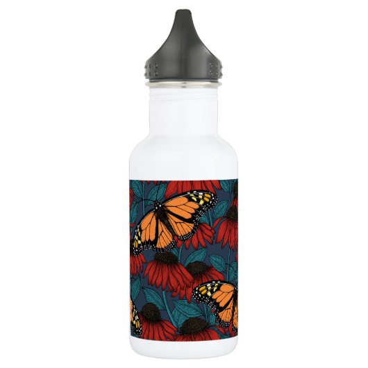 Bouteille D'eau Papillon monarque sur des fleurs rouges (Gauche)