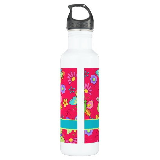 Bouteille D'eau Papillons Whimsy moderne sur Monogramme rouge pers (Dos)